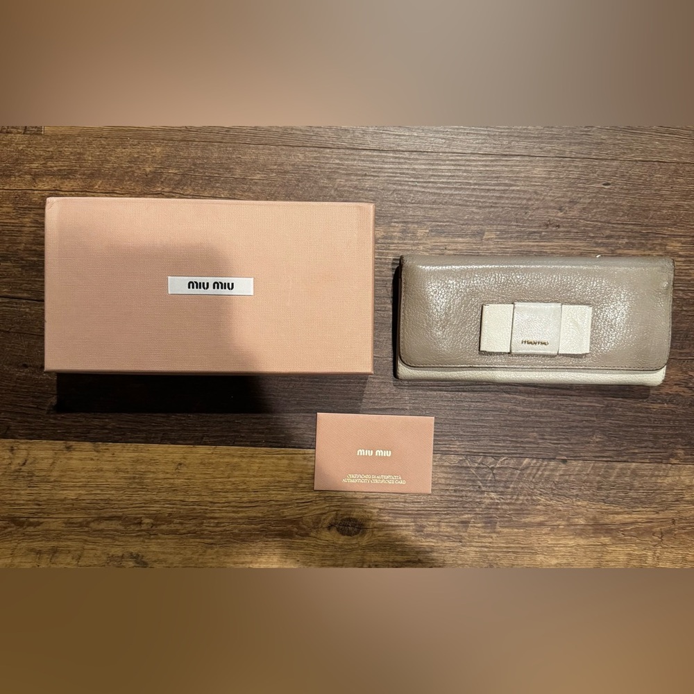Miu Miu Beige Leather Double Snap Wallet with Bow Detail